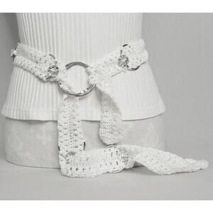 💎Womens Handmade White Crochet Belt One Size With Silver Tone Metal Rings